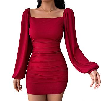 Women's Square Neck Ribbed Bodycon Mini Dress Long Puff Sleeves Ruched Party Dress