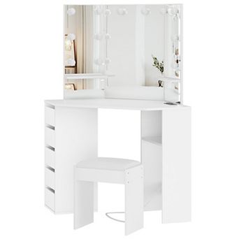 Bedroom Corner Dressing Vanity Desk, LED Light Mirror, 5 Drawers Storage Vanity Table with Chair