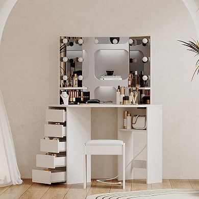 Bedroom Corner Dressing Vanity Desk, LED Light Mirror, 5 Drawers Storage Vanity Table with Chair