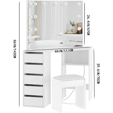 Bedroom Corner Dressing Vanity Desk, LED Light Mirror, 5 Drawers Storage Vanity Table with Chair