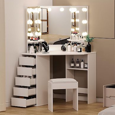 Bedroom Corner Dressing Vanity Desk, LED Light Mirror, 5 Drawers Storage Vanity Table with Chair