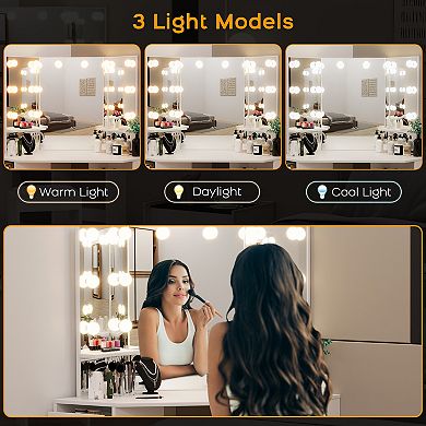 Bedroom Corner Dressing Vanity Desk, LED Light Mirror, 5 Drawers Storage Vanity Table with Chair