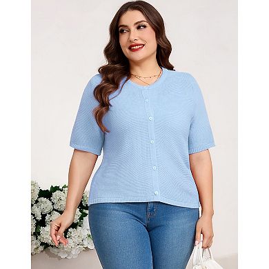 Women's Plus Size Short Sleeve Cardigan, Round Neck Button Front Knit Top