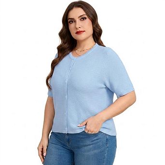 Women's Plus Size Short Sleeve Cardigan, Round Neck Button Front Knit Top