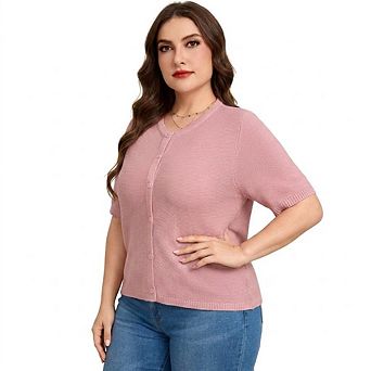 Women's Plus Size Short Sleeve Cardigan, Round Neck Button Front Knit Top