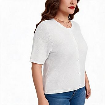 Women's Plus Size Short Sleeve Cardigan, Round Neck Button Front Knit Top