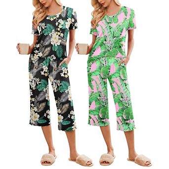 Ekouaer 2 Pack: Women's Pajamas Set Short Sleeve Sleepwear Capri Pants Pjs Soft Loungewear