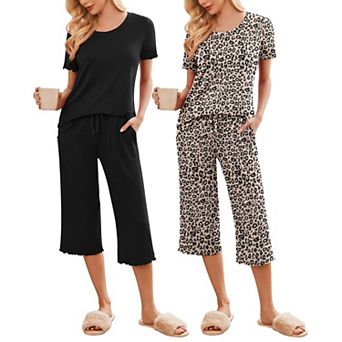 Ekouaer 2 Pack: Women's Pajamas Set Short Sleeve Sleepwear Capri Pants Pjs Soft Loungewear