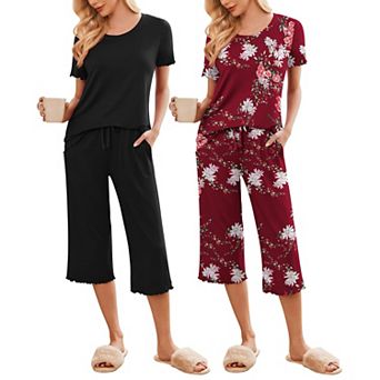 Ekouaer 2 Pack: Women's Pajamas Set Short Sleeve Sleepwear Capri Pants Pjs Soft Loungewear