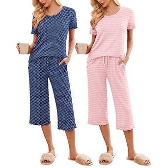 Ekouaer 2 Pack: Women's Pajamas Set Short Sleeve Sleepwear Capri Pants Pjs Soft Loungewear