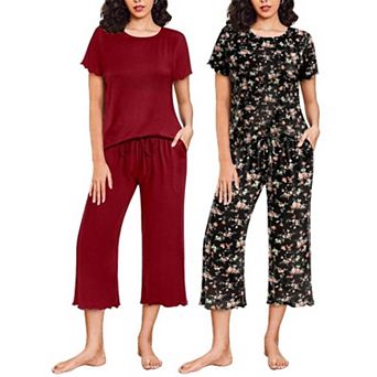 Ekouaer 2 Pack: Women's Pajamas Set Short Sleeve Sleepwear Capri Pants Pjs Soft Loungewear
