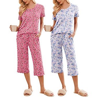Ekouaer 2 Pack: Women's Pajamas Set Short Sleeve Sleepwear Capri Pants Pjs Soft Loungewear