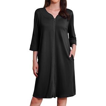 Ekouaer Zipper Robes Three Quarter Sleeves Housecoat Nightgowns Floral Print House Dresses