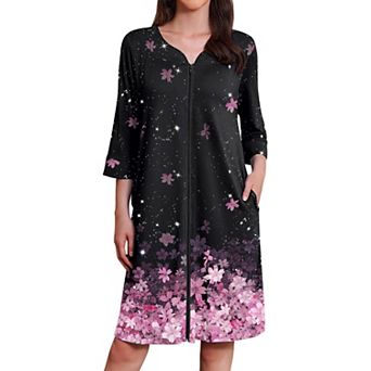 Ekouaer Zipper Robes Three Quarter Sleeves Housecoat Nightgowns Floral Print House Dresses