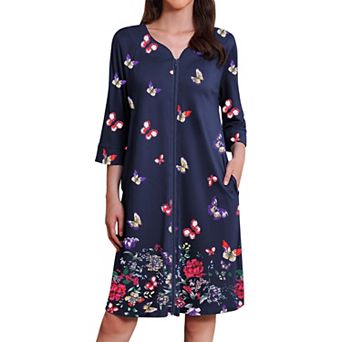 Ekouaer Zipper Robes Three Quarter Sleeves Housecoat Nightgowns Floral Print House Dresses