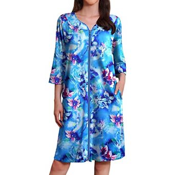Ekouaer Zipper Robes Three Quarter Sleeves Housecoat Nightgowns Floral Print House Dresses