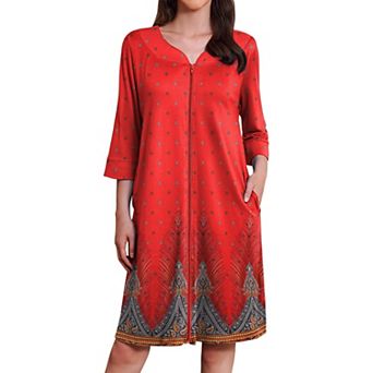 Ekouaer Zipper Robes Three Quarter Sleeves Housecoat Nightgowns Floral Print House Dresses