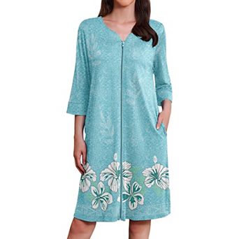 Ekouaer Zipper Robes Three Quarter Sleeves Housecoat Nightgowns Floral Print House Dresses