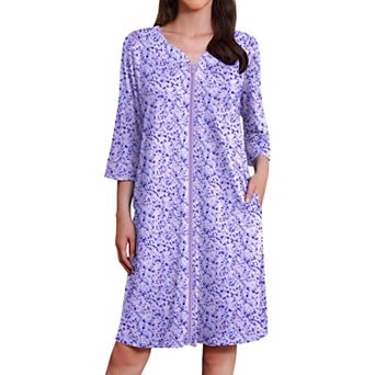 Ekouaer Zipper Robes Three Quarter Sleeves Housecoat Nightgowns Floral Print House Dresses