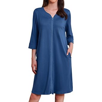 Ekouaer Zipper Robes Three Quarter Sleeves Housecoat Nightgowns Floral Print House Dresses