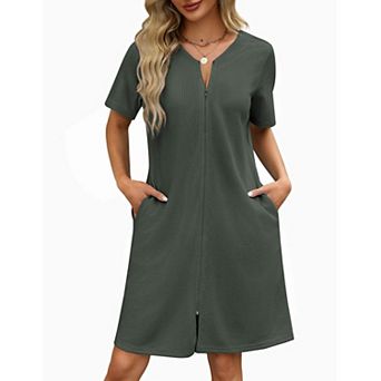 Ekouaer Womens Zipper Robes Waffle Short Bathrobe House Coat with Pockets Soft Nightgown