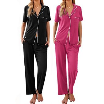 Ekouaer 2 Pack Women Pajamas Short Sleeve Pj Set Notch Collar Button Up Loungewear Cozy Sleepwear
