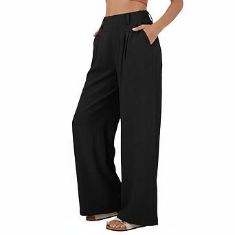 Women's High Waist Pleated Wide Leg Pants, Casual Textured Trousers with Pockets