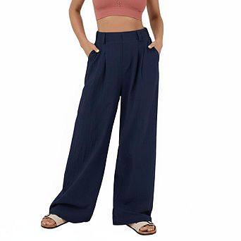 Women's High Waist Pleated Wide Leg Pants, Casual Textured Trousers with Pockets
