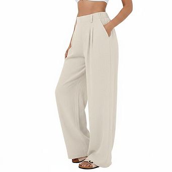 Women's High Waist Pleated Wide Leg Pants, Casual Textured Trousers with Pockets