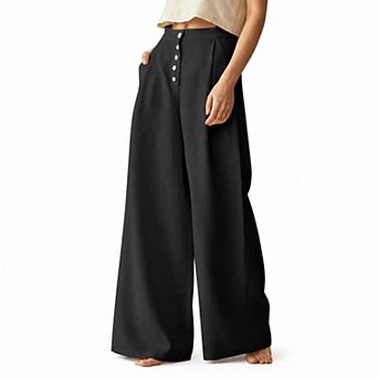 Women's High Waist Button Fly Wide Leg Pants, Casual Linen-Blend Trousers with Pockets