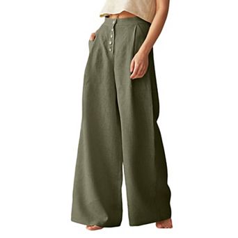 Women's High Waist Button Fly Wide Leg Pants, Casual Linen-Blend Trousers with Pockets