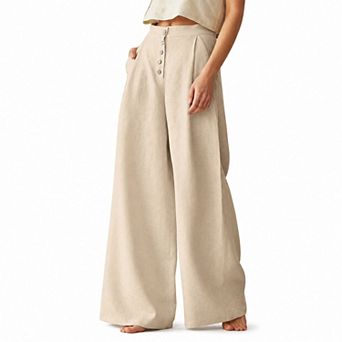 Women's High Waist Button Fly Wide Leg Pants, Casual Linen-Blend Trousers with Pockets