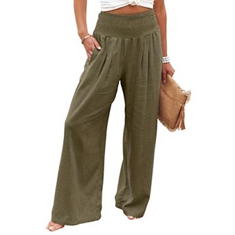 Women's High Waist Smocked Wide Leg Pants, Casual Flowy Trousers with Pockets