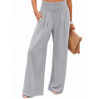 Women's High Waist Smocked Wide Leg Pants, Casual Flowy Trousers with Pockets