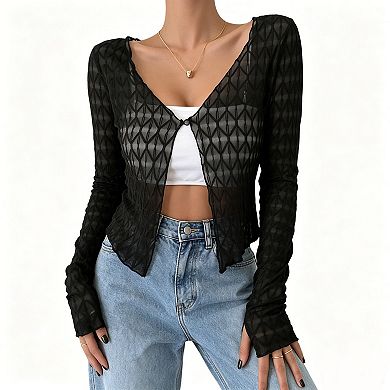 Women's Sheer Mesh Cropped Cardigan, Long Sleeve Geometric Pattern One Button Layering Cover Up