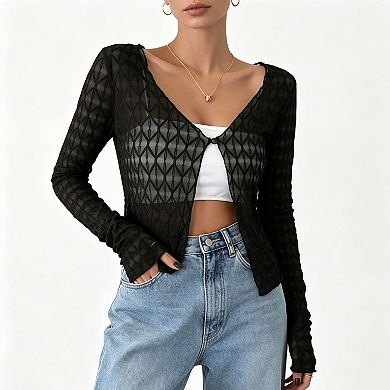 Women's Sheer Mesh Cropped Cardigan, Long Sleeve Geometric Pattern One Button Layering Cover Up