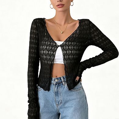 Women's Sheer Mesh Cropped Cardigan, Long Sleeve Geometric Pattern One Button Layering Cover Up
