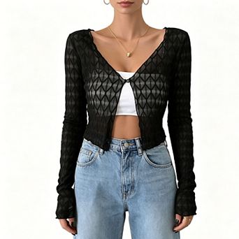 Women's Sheer Mesh Cropped Cardigan, Long Sleeve Geometric Pattern One Button Layering Cover Up
