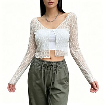Women's Sheer Mesh Cropped Cardigan, Long Sleeve Geometric Pattern One Button Layering Cover Up