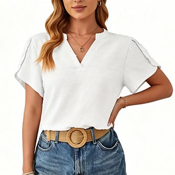 Women's Swiss Dot Chiffon Blouse, Notch V-Neck Petal Sleeve Loose Casual Work Top