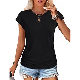 Women's Ruched Cap Short Sleeve Casual T-Shirt Summer Crew Neck Top Soft Solid Color Blouse