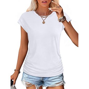 Women's Ruched Cap Short Sleeve Casual T-Shirt Summer Crew Neck Top Soft Solid Color Blouse