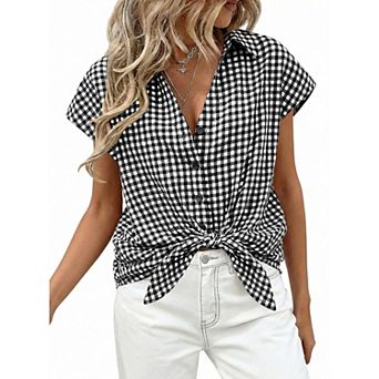 Women's Plaid Print Short Sleeve Button Down Casual Shirt Summer Tie Knot Loose Fit Top Soft Blouse