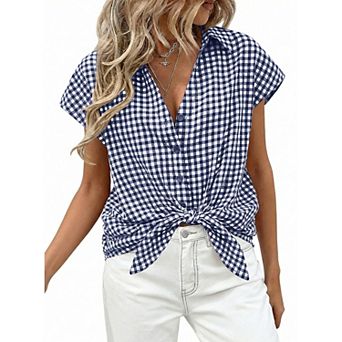Women's Plaid Print Short Sleeve Button Down Casual Shirt Summer Tie Knot Loose Fit Top Soft Blouse