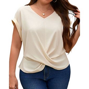 Women's Plus Size Twist Front Short Sleeve Shirt Summer Casual V Neck Top Loose Fit Blouse