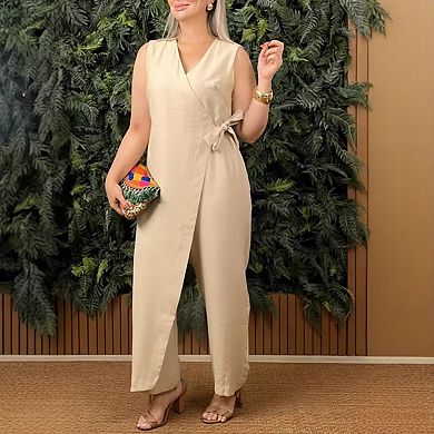 Women's V-Neck Wrap Jumpsuit Sleeveless Tie-Waist Wide-Leg Romper