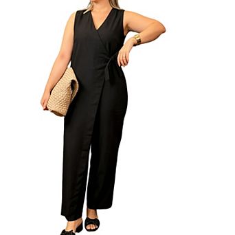 Women's V-Neck Wrap Jumpsuit Sleeveless Tie-Waist Wide-Leg Romper