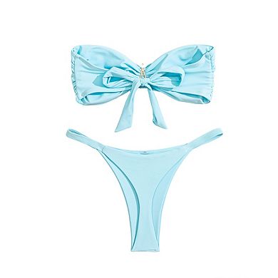 Women's 2-Piece Swimsuit Strapless Bandeau Bikini with Metal Ring and High-Cut Bottom