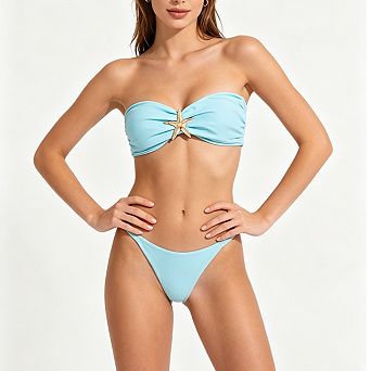Women's 2 pc Swimsuit Strapless Bandeau Bikini with Metal Ring and High-Cut Bottom
