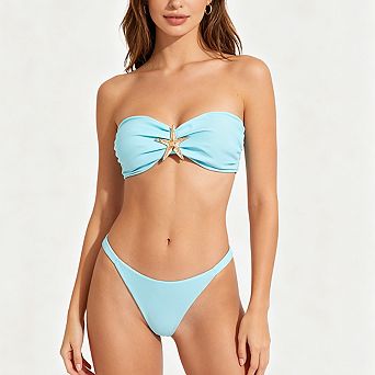 Women's Strapless Bandeau Bikini Set Metal Ring Detail High-Cut 2 pc Swimsuit